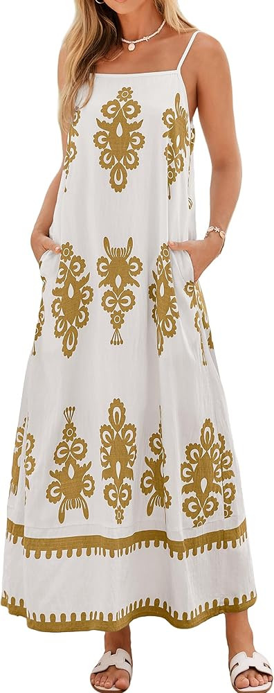 Glamaker Womens Summer Dresses 2026 Casual Floral Spaghetti Strap Flowy Maxi Dress Boho Sleeveless Beach Vacation Sundress | Amazon (US)