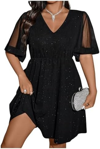Floerns Women's Plus Size Contrast Mesh Half Flounce Sleeve V Neck Glitter Flared Hem A Line Dres... | Amazon (US)