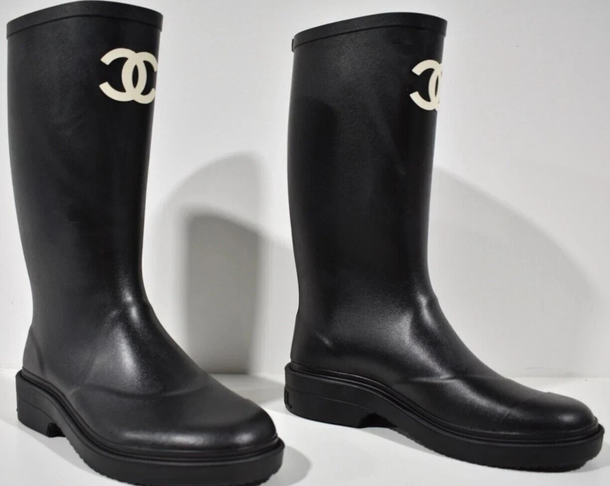 New REV Chanel Black White CC Logo High Pull On Rubber Rain Boots 40 RECEIPT | eBay | eBay US