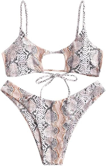 ZAFUL Women's Snakeskin Print Swimsuit High Cut Bikini Set Straps Two Piece Bathing Suit (L, Came... | Amazon (US)