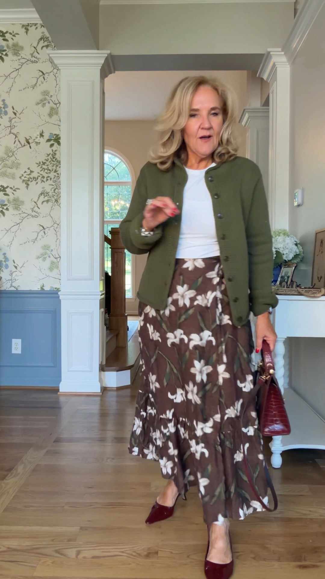 Reversible roll, neck sweater, size medium, where it is a cardigan or buttoned up the back as a regular sweater
Tee size large 
Skirt size medium I’ll link a few others that caught my eye! 
I do size up in the sling backs, a half for more comfort
30% off my bracelets with code YEAR7
20% off electric picks code TAKE20
#LTKOver40 #LTKootd #LTKSeasonal

#LTKWorkwear