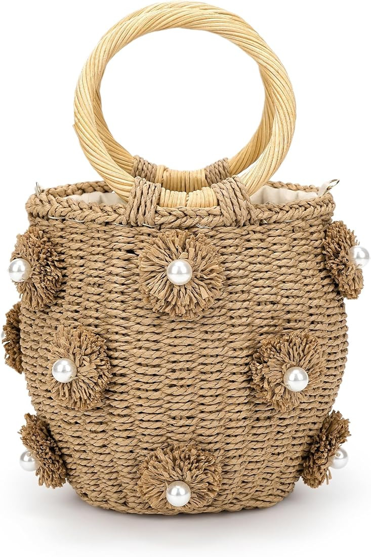 Flower Pearls Rattan Straw Bag Tote Bag Summer Beach Bag Straw Bucket Bag Woven Handbag Drawstrin... | Amazon (US)