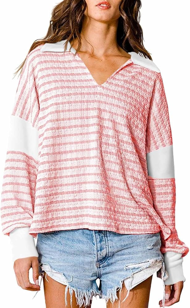 Tankaneo Womens Long Sleeve Striped Shirts Casual Loose Fit T Shirts Oversized V Neck Color Block... | Amazon (US)