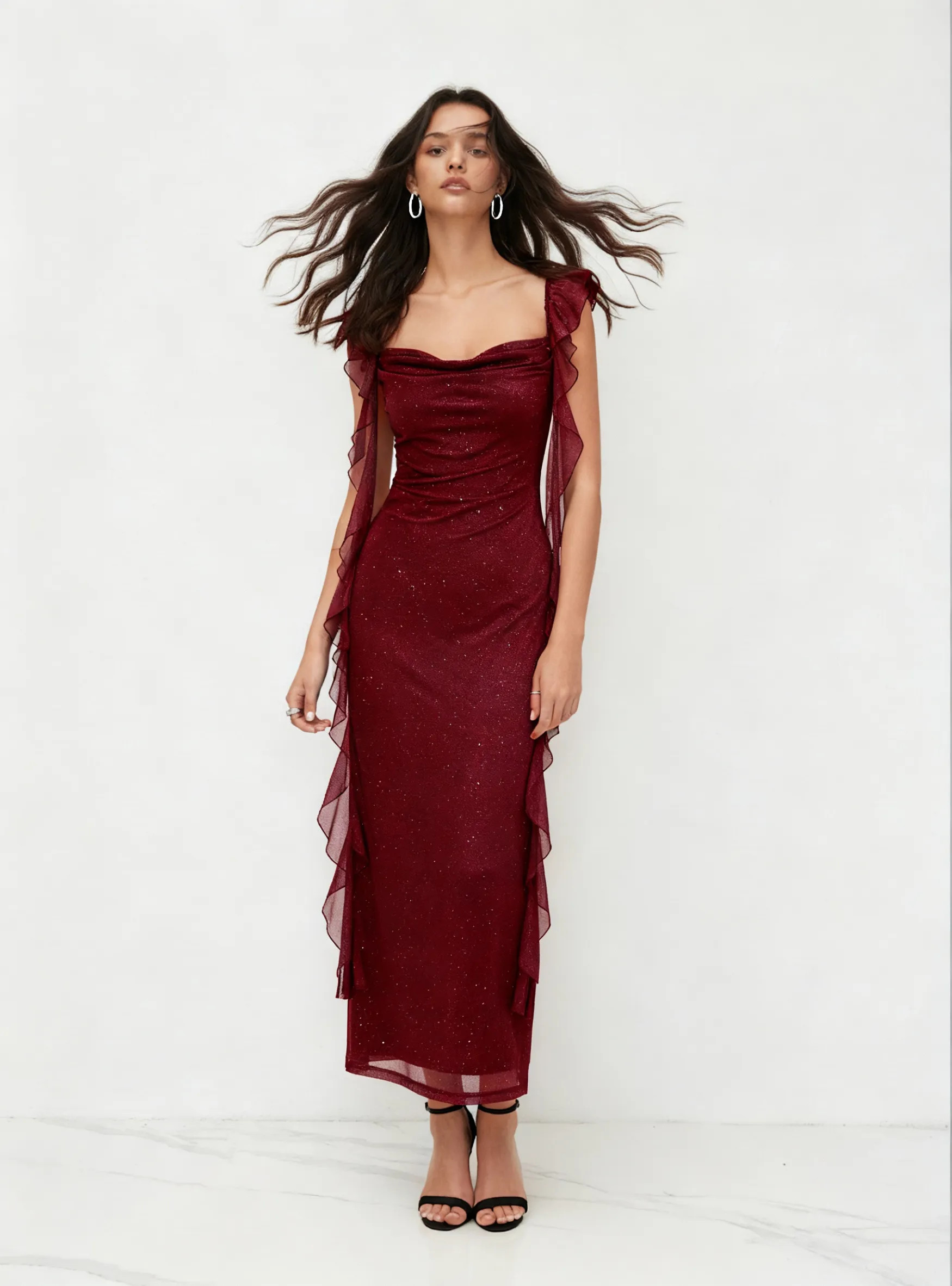 Formal Dresses Homecoming Dress Hoco Dresses Knit Fabric Cowl Neck Solid Glitter Ruffle Hem Maxi ... | Cider