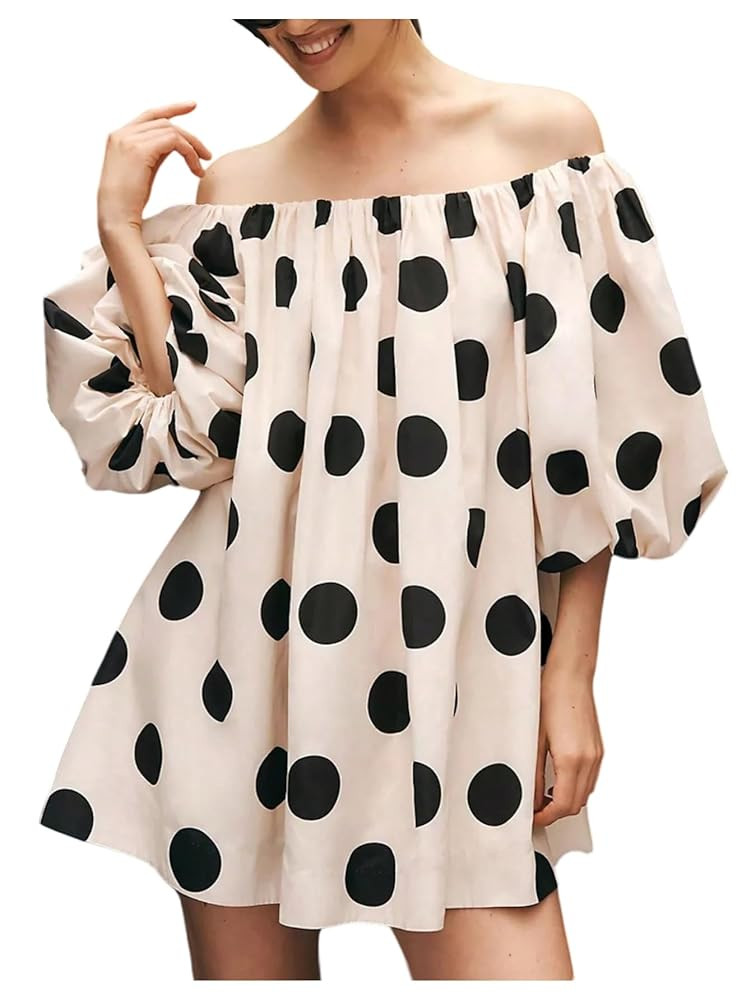 Verdusa Women's Polka Dots Off The Shoulder Dress Lantern Sleeve Loose Straight Mini Dresses | Amazon (US)