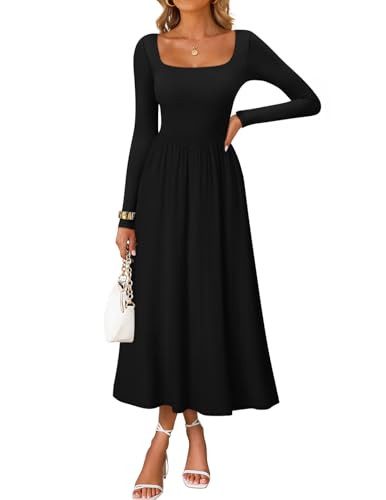 ZESICA Spring Dresses for Women 2026 Elegant Classy Square Neck Long Sleeve Flowy Wedding Guest Party Midi Dress Black S | Amazon (US)