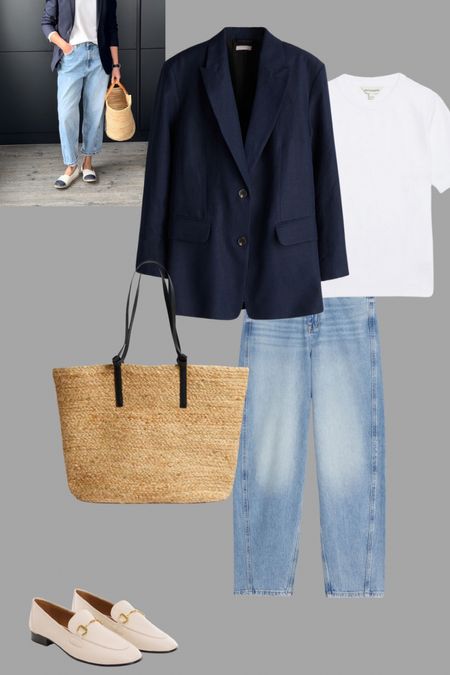 Simple white tee shirt outfits - day 5. 
A navy blazer, carrot jeans, loafers and a basket.

#LTKover40