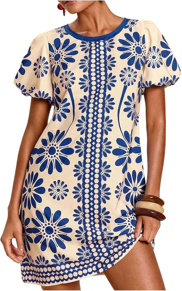 RoseSeek Women's Tropical Floral Puff Sleeve Sundress Tunic Mini Dress | Amazon (US)