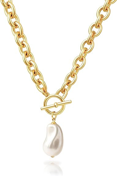 Zeffy 14K Gold/Silver Plated Chunky Thick Chain Toggle Clasp Necklace Dainty Baroque Pearl/Heart/... | Amazon (US)