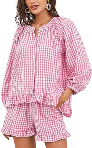 Flygo Women Gingham 2 Piece Pajama Sets Y2K Plaid Ruffle Short Sets Raglan Sleeve Shirt Lounge Sh... | Amazon (US)