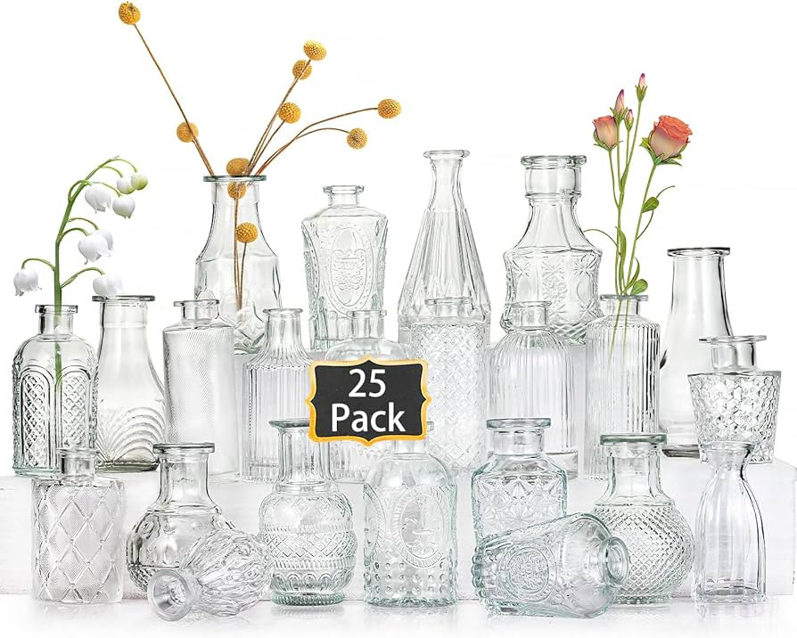 Glass Bud Vases Set of 25,Small Clear Vases for Flowers, Bud Vases in Bulk, Vintage Vases for Cen... | Amazon (US)