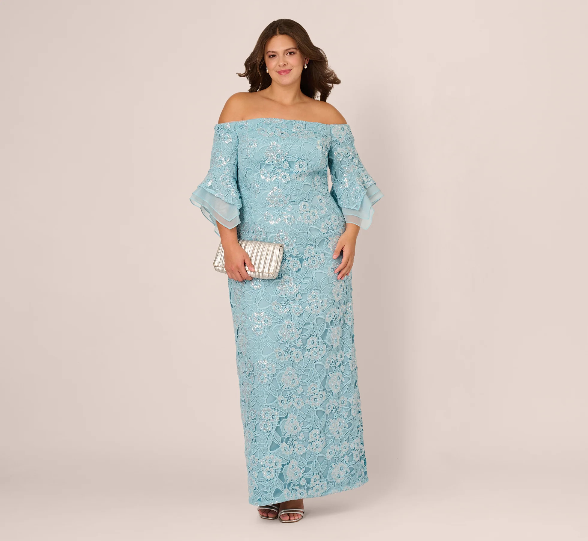 Plus Size Off Shoulder Bell Sleeve Sequin Lace Gown In Airy Aqua | Adrianna Papell