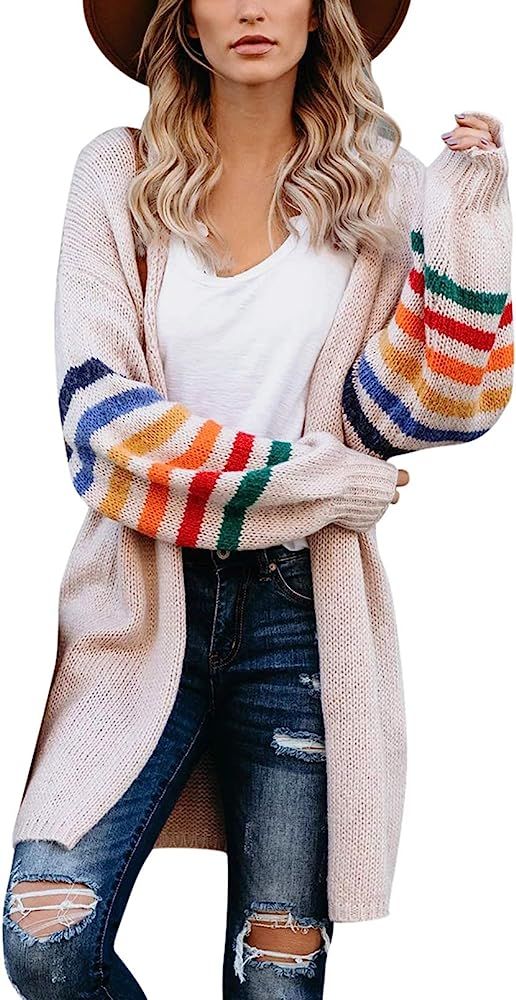 HUUSA Women's Striped Sweater Cardigan Casual Rainbow Color Block Draped Kimono Long Sleeve Open ... | Amazon (US)