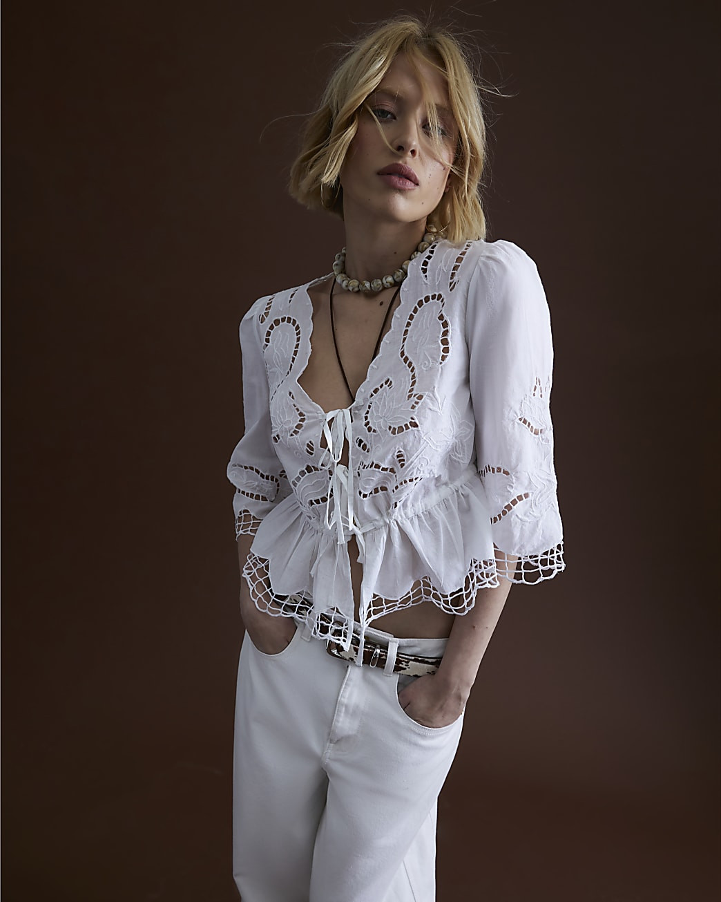 White Long Sleeve Cutwork Blouse | River Island UK & IE