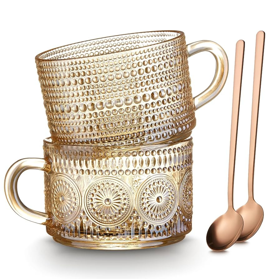 MFACOY Vintage Coffee Mugs Set of 2, 14 oz Glass Tea Cups with Handle, Amber Embossed Glass Cups ... | Amazon (US)