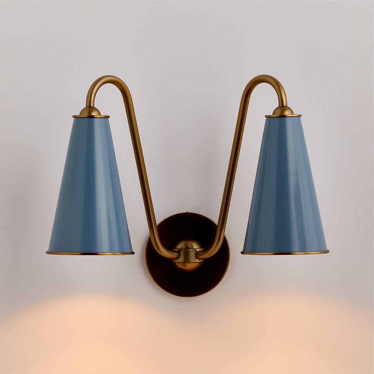 Everton Brass Double Wall Sconce Light with White Fabric Shades | Crate & Barrel | Crate & Barrel