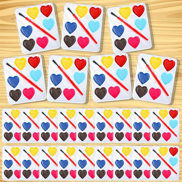 24 Pcs Valentines Day Gifts for Kids 5 Colors Heart Paint Watercolor Set with Paintbrush Washable... | Amazon (US)