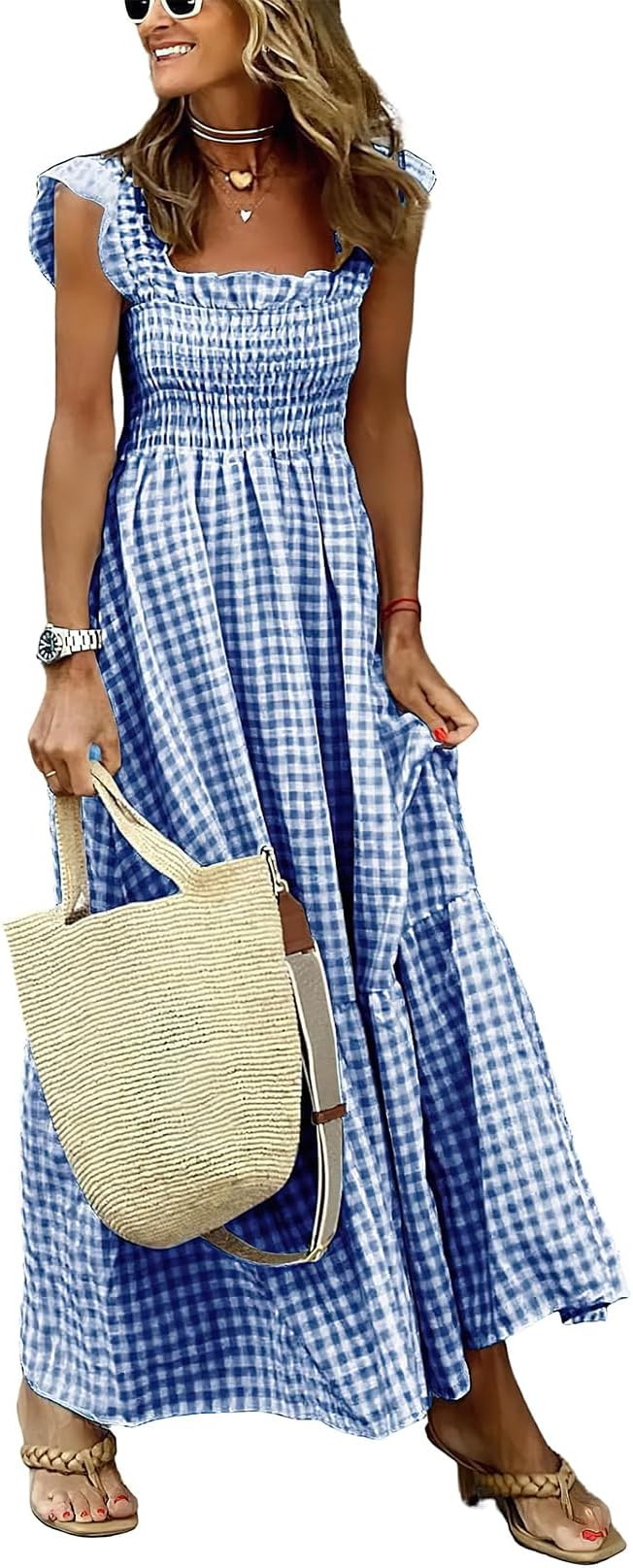 ebossy Women's Fashion Plaid Dress Sleeveless Smocked Ruffle Pleated Boho Party Beach Gingham Max... | Amazon (US)