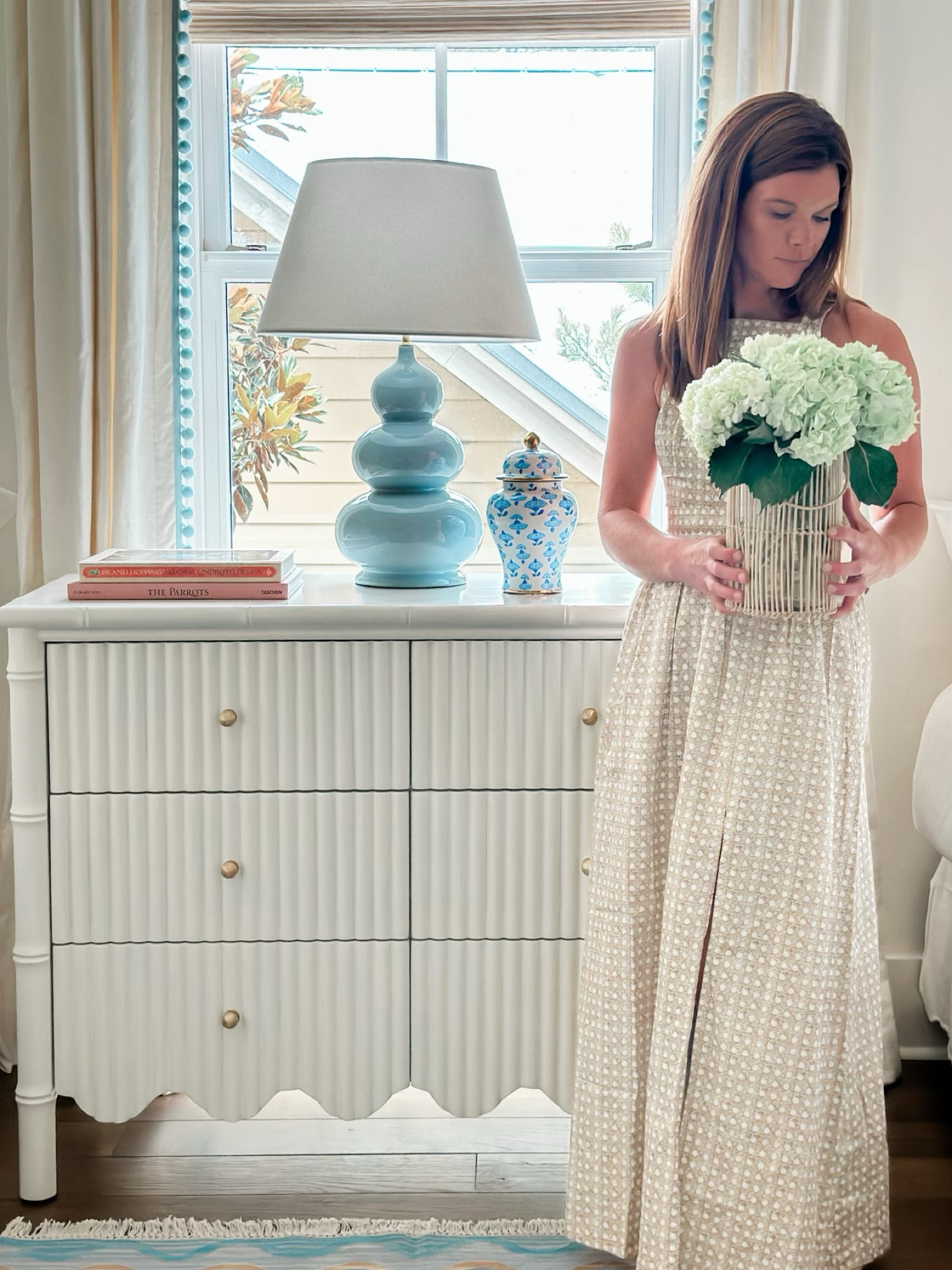 Cane print dress, hill house dress, hydrangeas, blue lamp, pale blue lamp, drapery with Pom Pom trim, bedroom, coffee table books, Ballard designs 

#LTKsalealert #LTKhome