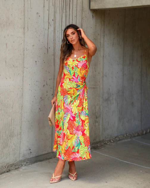 Eliana Cutout Tropical Slip Midi Dress - Orange/ Multi - FINAL SALE | VICI