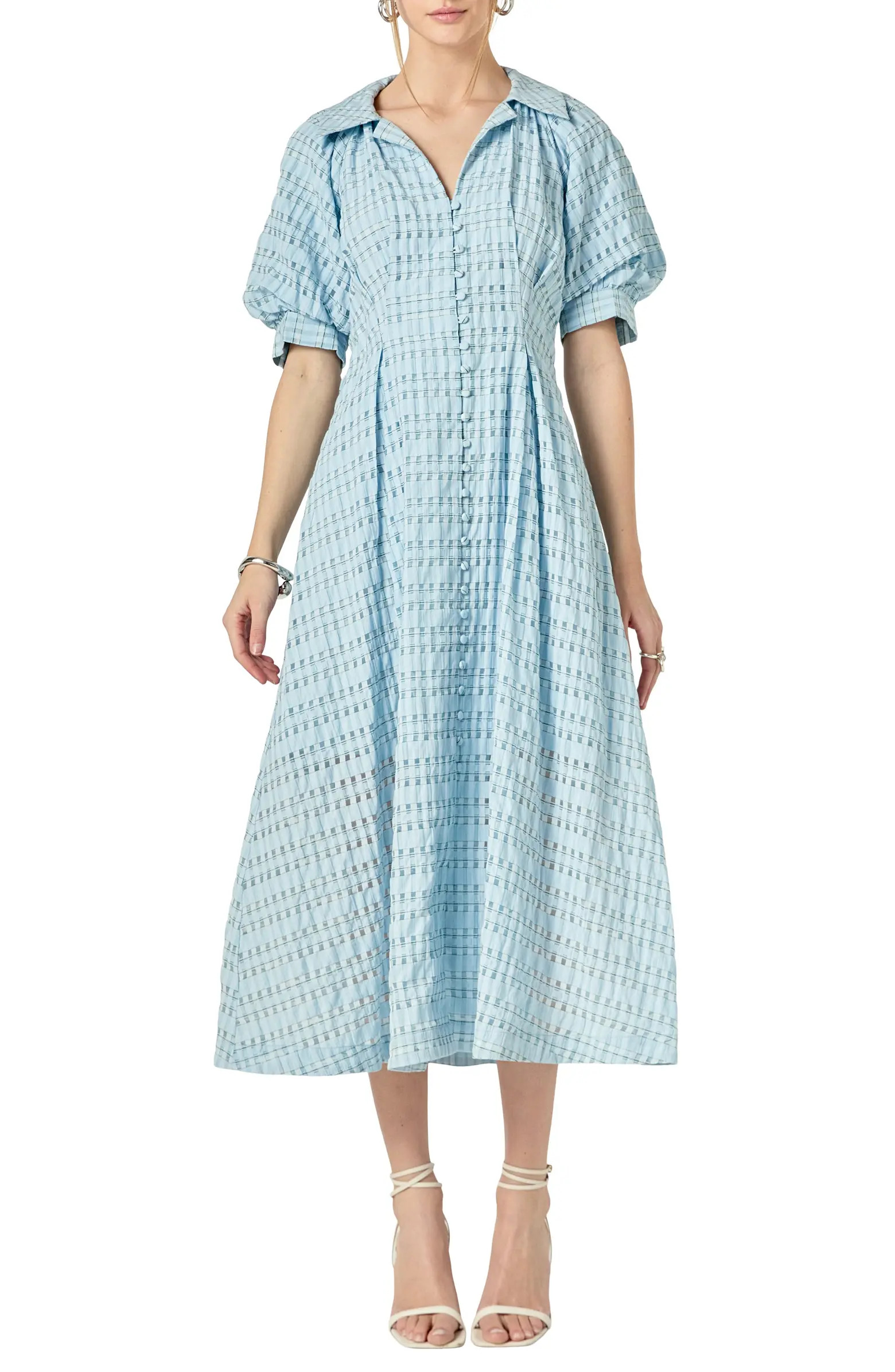 Seersucker Check Cotton Blend Midi Dress | Nordstrom
