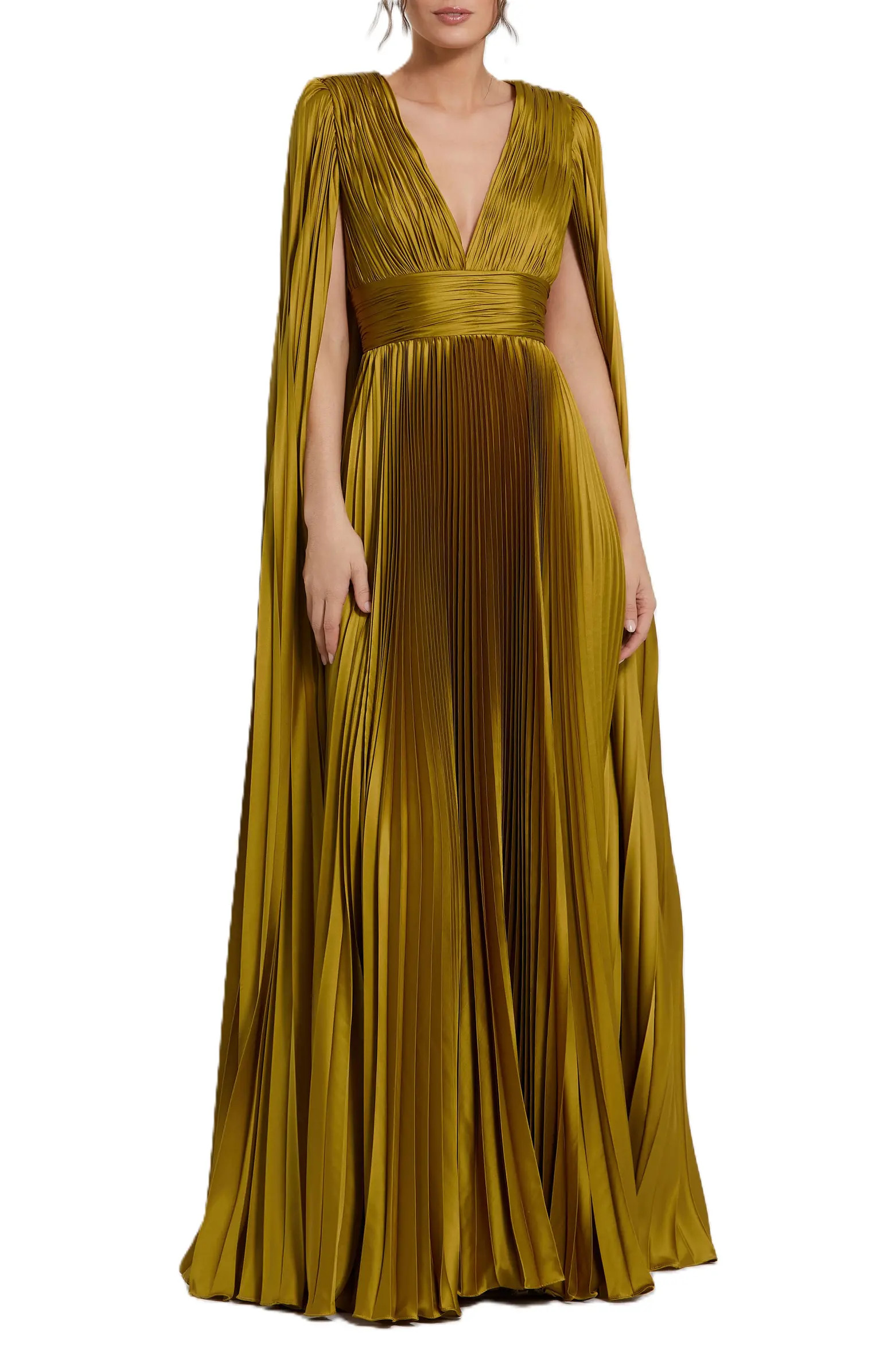 Mac Duggal Pleated Charmeuse V Neck Gown With Cape | Nordstrom | Nordstrom