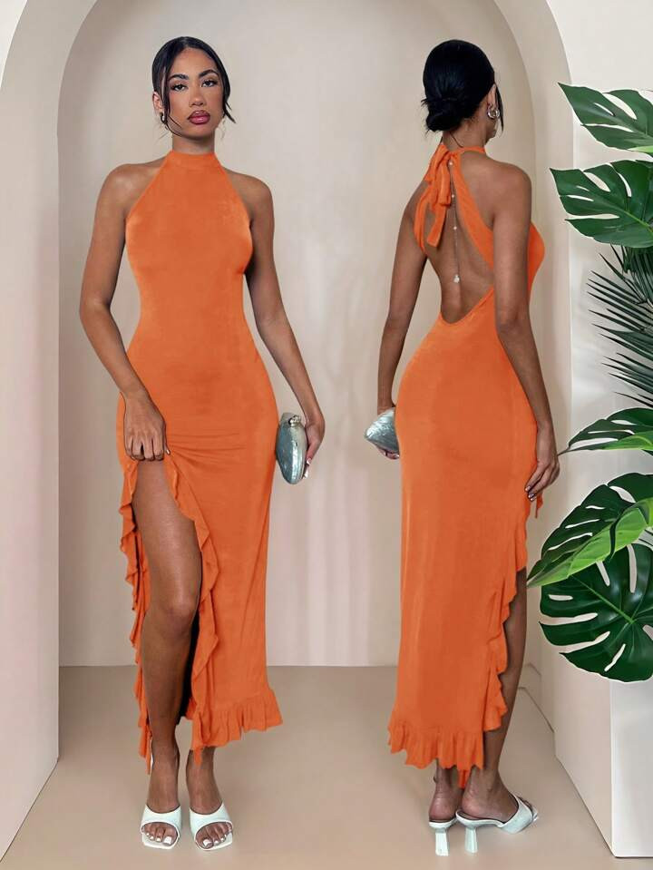 SHEIN PETITE Women Elegant Halter Tie Neck Sexy Open Back High Slit Ruffle Hem Stretchy Bodycon D... | SHEIN