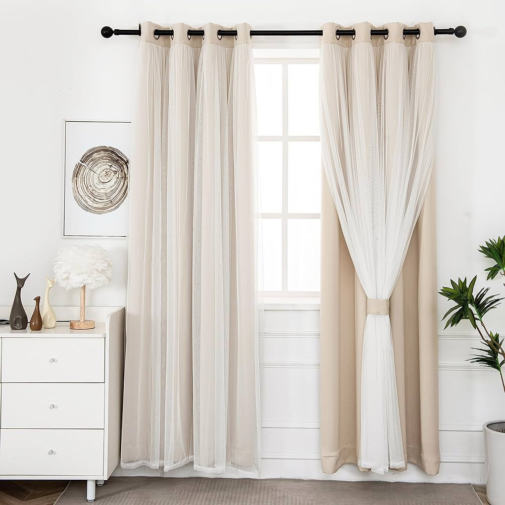 INLINAS Beige Blackout Curtains with Sheer Layer - Grommet Top Thermal and Noise Reduction Panels... | Amazon (US)
