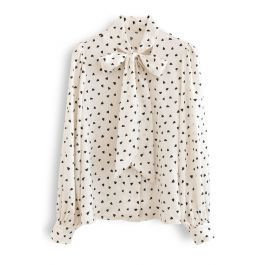 Falling Heart Self-Tie Bowknot Satin Shirt in Ivory | Chicwish