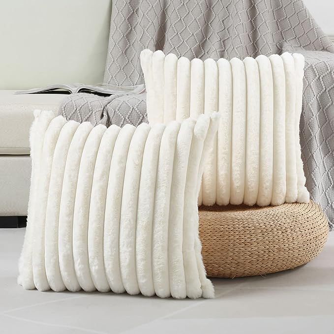 FUTEI Cream White Striped Decorative Throw Pillow Covers 24x24 Inch Set of 2,Square Fall Decorati... | Amazon (US)