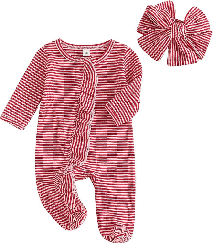 Newborn Baby Romper Infant Girl One-piece Outfit Waffle Ruffle Zip Footie Spring Summer Clothes W... | Amazon (US)