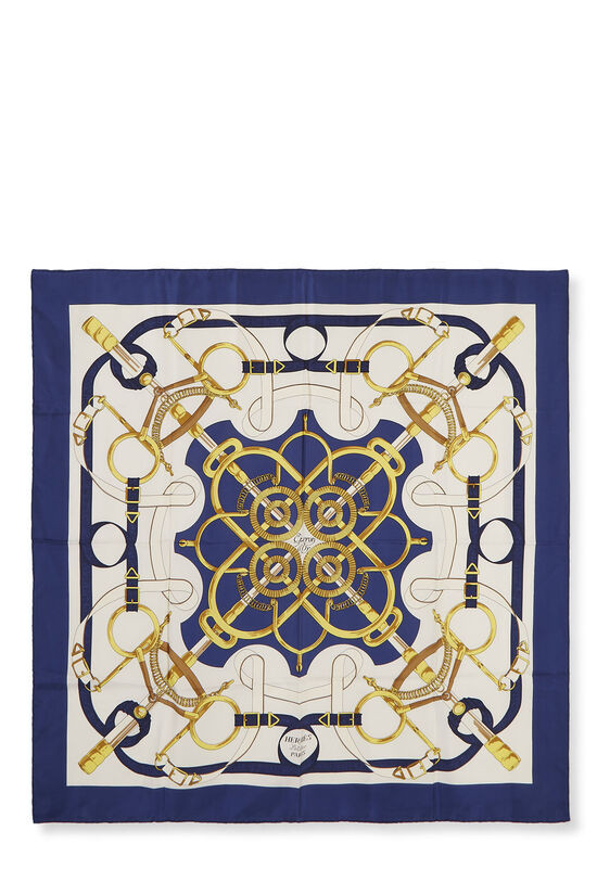 Hermès Blue & Multicolor 'Eperon d'Or' Silk Scarf 90 QGA0572NBAE21 | WGACA | What Goes Around Comes Around