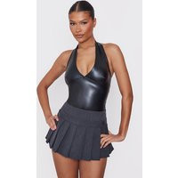Deep Black Faux Leather Halterneck Bodysuit | PrettyLittleThing CAN