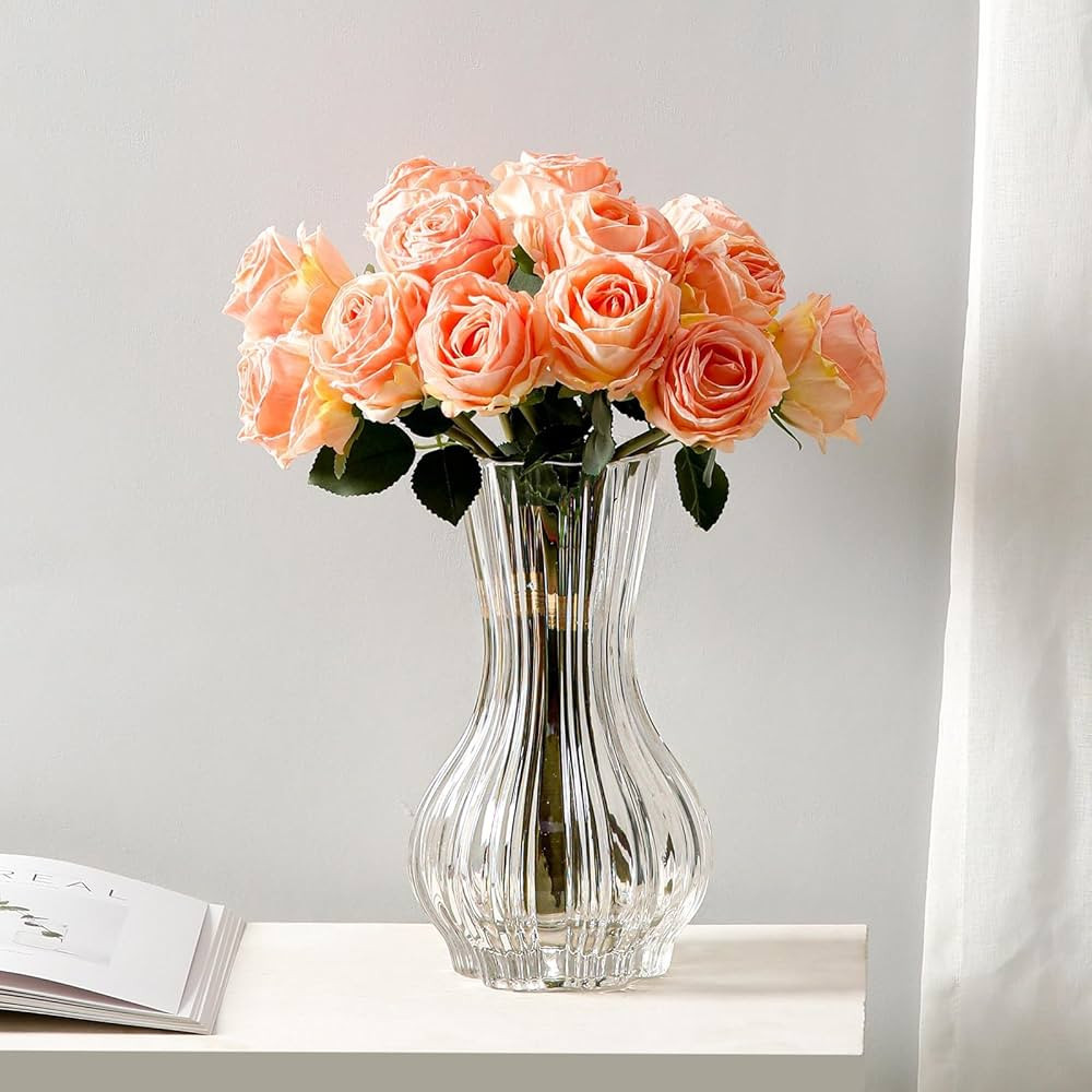 10inches Large Clear Glass Vase for Flowers, Classic Hand Blown Glass Vase for Table, Elegant Rib... | Amazon (US)