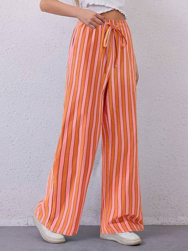 Women's Striped Pants Summer Casual Fashion Light Wide Leg Drawstring Casual Pants Pocket | SHEIN