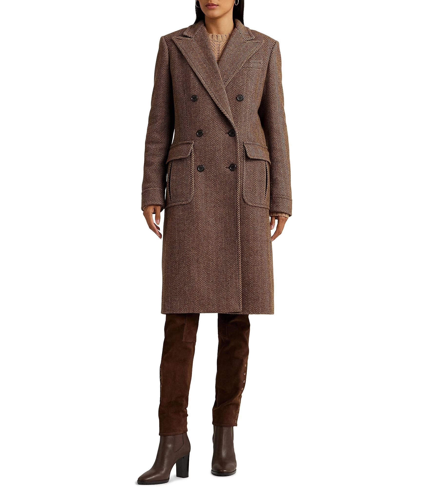 Herringbone Double Breasted Long Sleeve Wool Blend Coat | Dillard's