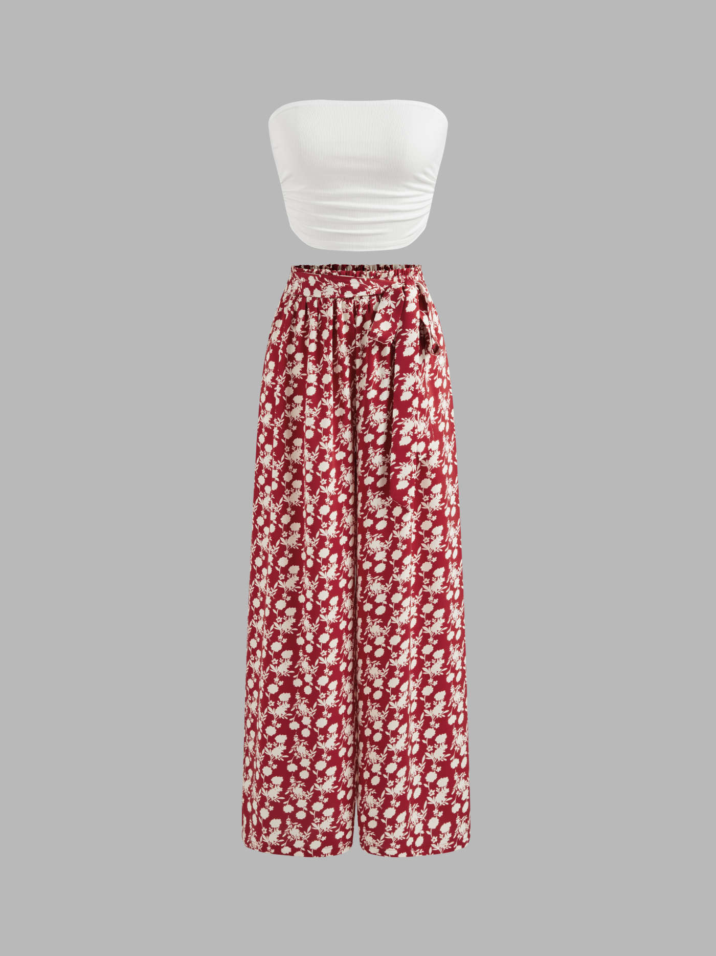 Knit Fabric Strapless Solid Ruched Crop Top & Mid Rise Floral Knotted Wide Leg Trousers For Vacat... | Cider