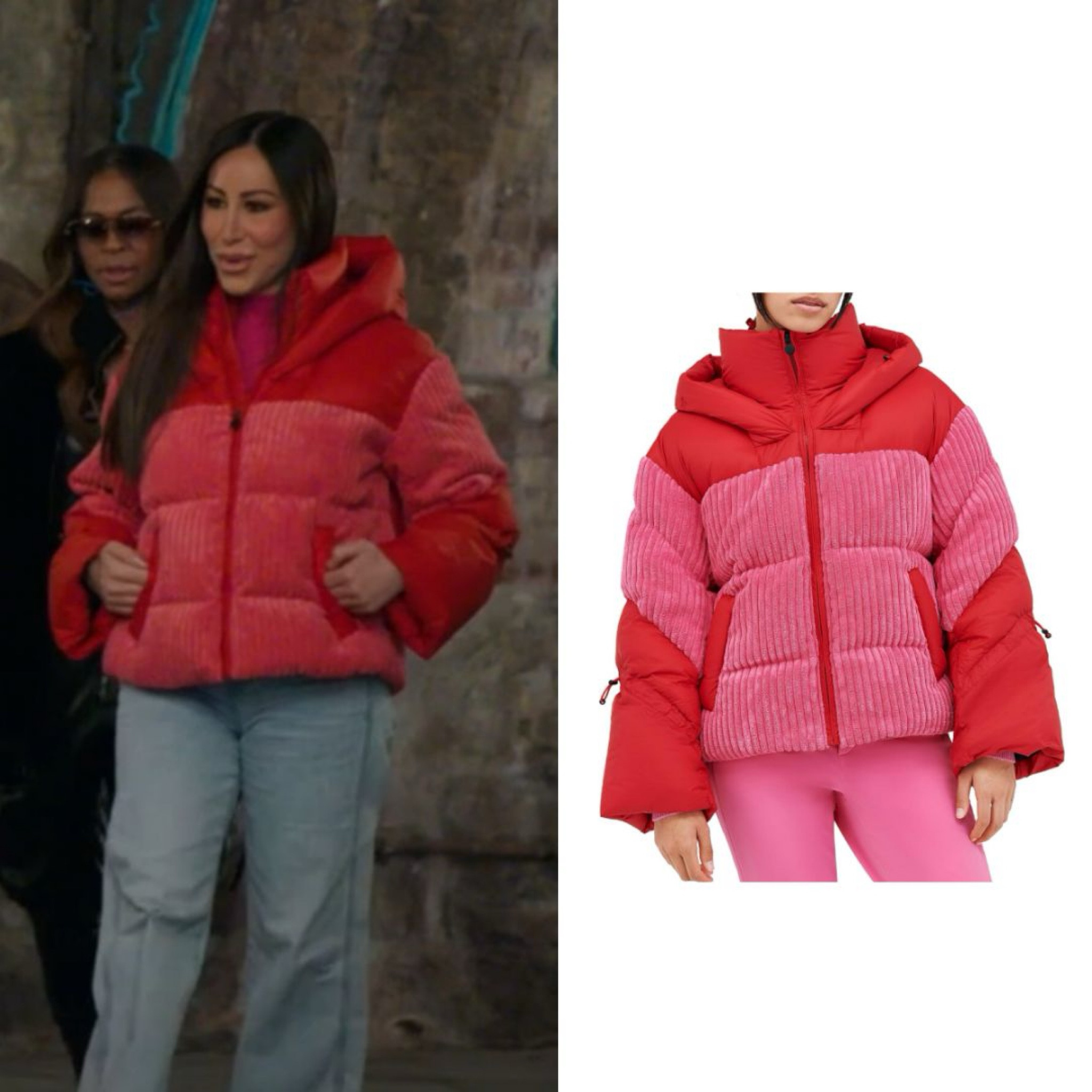 Angie Katsaneva’s Red and Pink Puffer Coatts