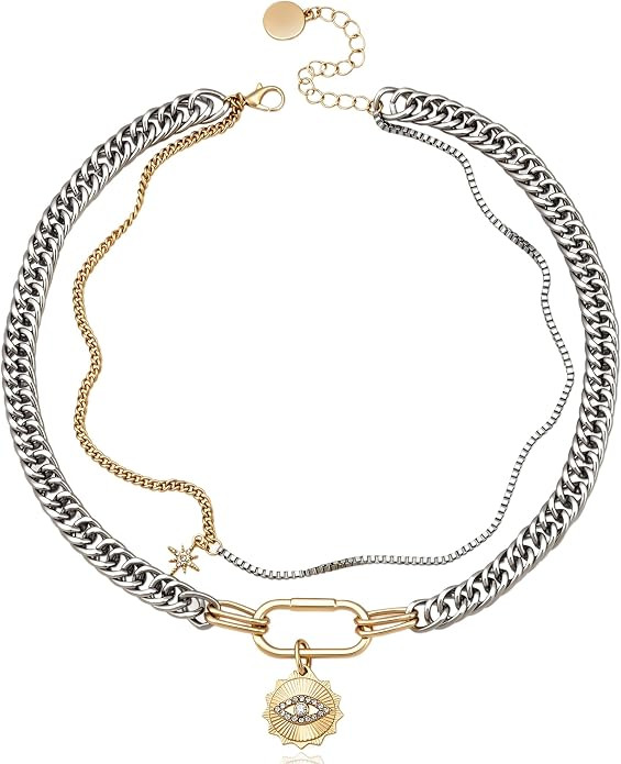 Gold Layered Colorful Beaded Charm Choker Necklaces for Women | Chunky Chain Stackable Evil Eye H... | Amazon (US)