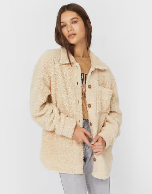 Stradivarius teddy overshirt shacket in beige | ASOS (Global)