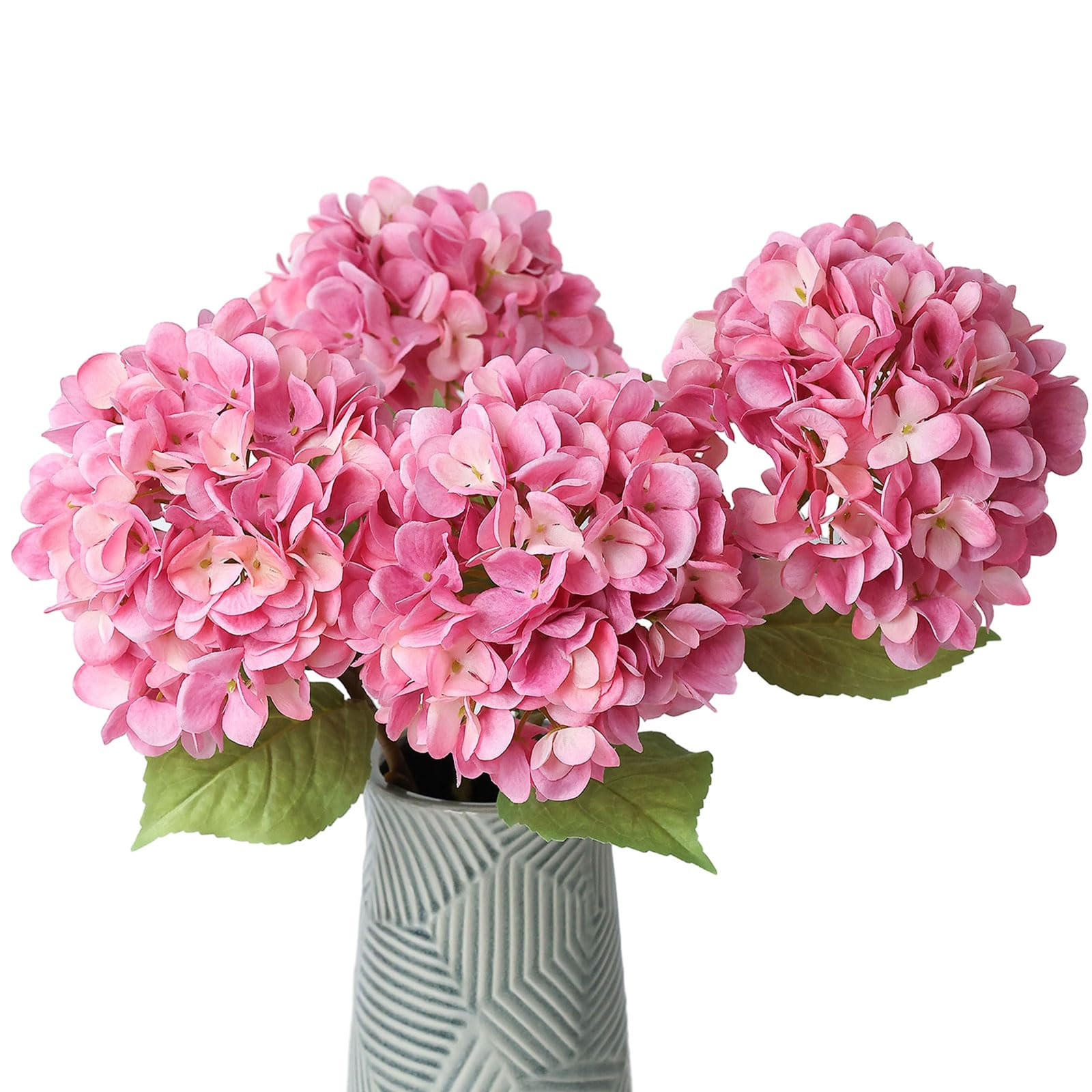 mizii 4Pcs Pink Artificial Hydrangea Flowers Large Fake Silk Hydrangea Flower with Leaves Stems R... | Amazon (US)