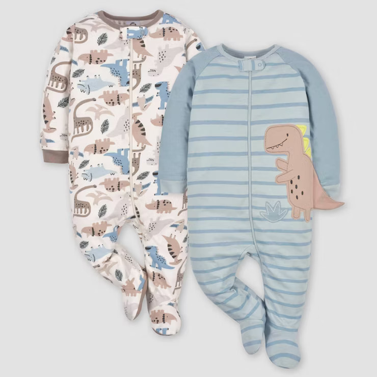 Gerber Baby 2pk Zip-Front Dino Sleep N' Play - White/Gray/Light Blue | Target