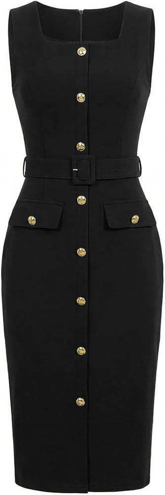 Allegra K Work Dress for Women's Sleeveless Square Neck Formal Belted Bodycon Midi Dress | Amazon (US)