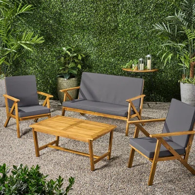 Outdoor 4Pc Chat - Wood, Waterproof Fabric, With , 2 Club Chairs & Coffee Table, Weather For Backyard Conversation Group Fabric Cushions, Use | Wayfair North America