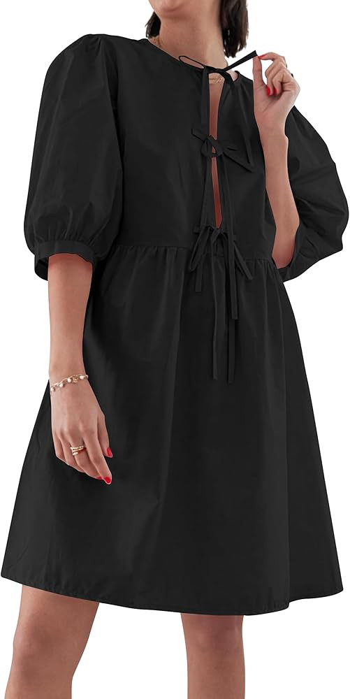 BAIGRAM Women Y2K Babydoll Peplum Dress Puff Sleeve Bow Tie Front Summer Cute Trendy Low Cut Blou... | Amazon (US)