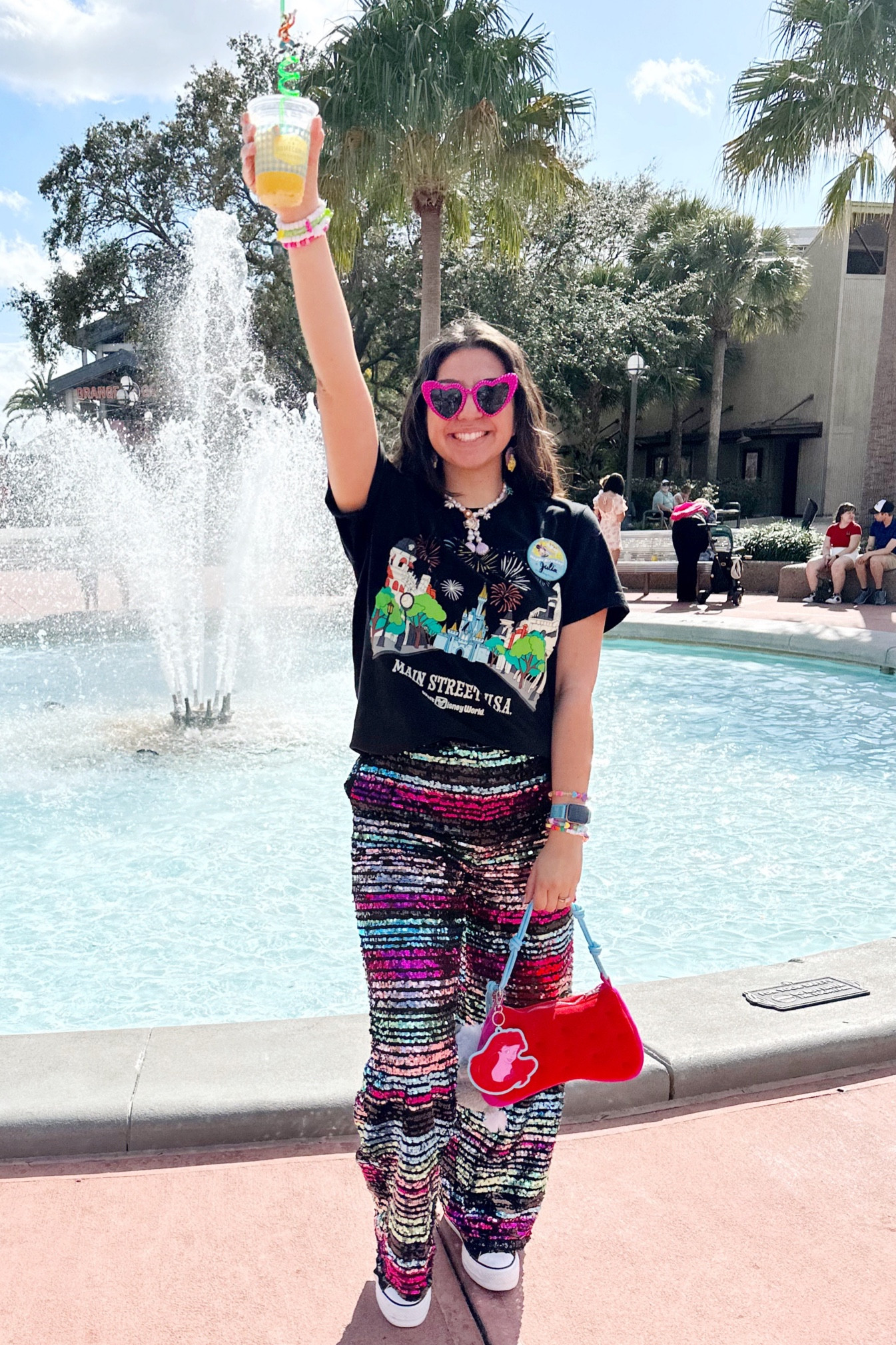 Outfit for celebrating my birthday at Disney Springs. #disneyworld #disneysprings #disneyspringsoutfit #disneyworldoutfit #disneyoutfit #birthdayatdisneyworld  #birthdayoutfit #nastygal #sequinpants #converse #marshallcolumbia #littlemermaid #nordstrom #littlemermaidbag 