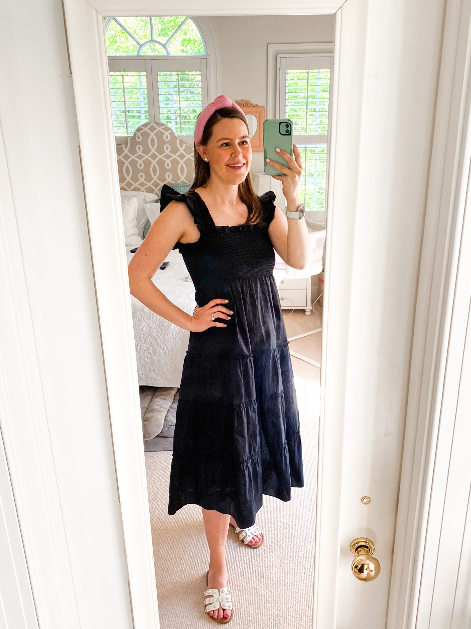 Loving this nap dress dupe that’s half the price! Nursing friendly and a perfect little black dress for summer! *Wearing size small. 

Smocked dress. Midi dress. Black dress.  Nap dress. Knot headband. Pearl sandals. Bump friendly. Postpartum. 

#LTKbump #LTKunder100 #LTKbaby