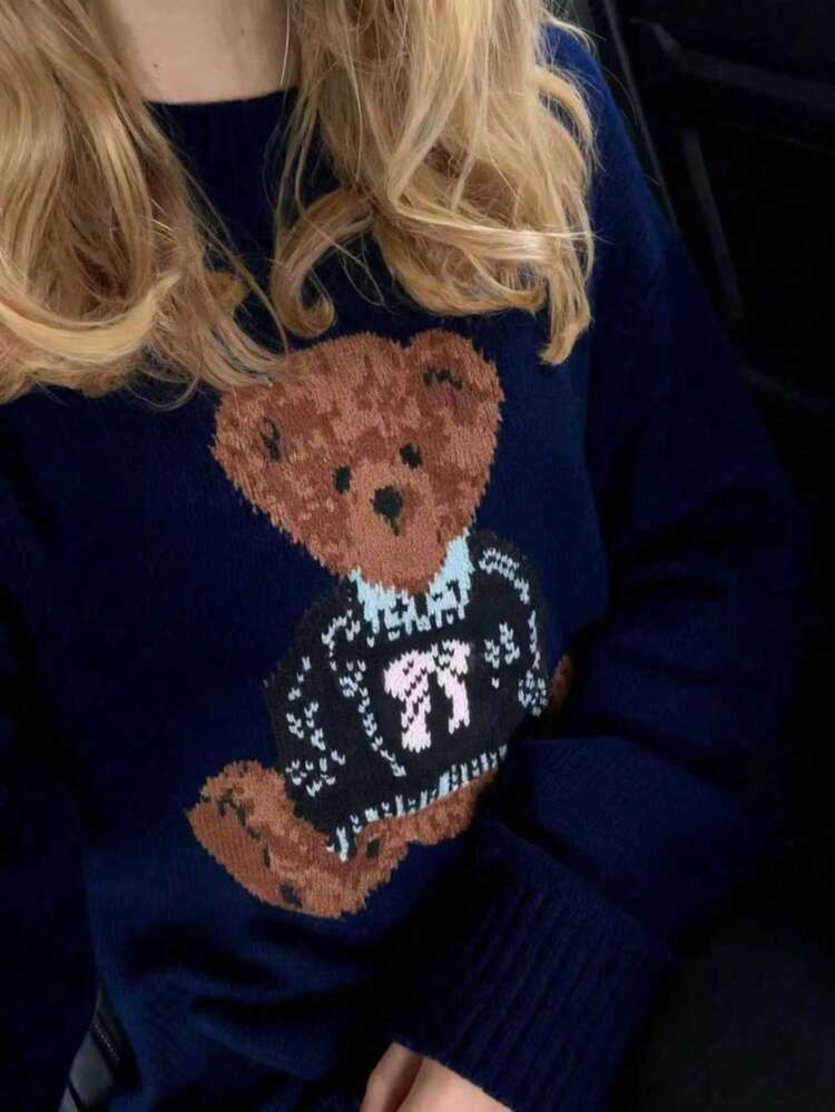 2025 Autumn/Winter New Women's Fashion Casual Vintage Cute Bear Pattern Knit Pullover Sweater, Christmas Clothes, Graphic Sweater Women Animal Print Basic Tops Going Out Tops Fall Women Clothes, Korean Style, Modest Women, Party Women, Y2K Women, Tops For Going Out, Concert Women, Date Night Women, Casual, New Year, Women's Winter Clothes, Saudi National Day, Chic, Country | SHEIN