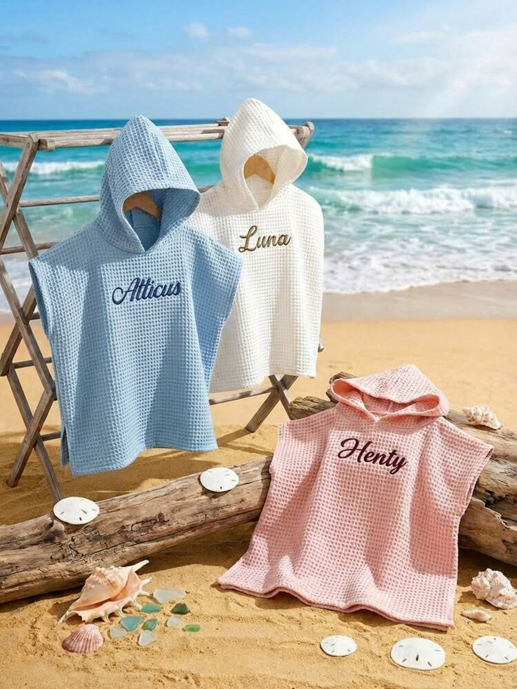 Personalized Toddler Hooded Cape & Surf Poncho (1-3 Years) With Name, Soft Waffle, Quick-Dry Swim... | SHEIN