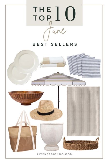 June best selling items. Home decor. Summer accessories. Straw foldable hat. Floppy hat. Beach bag. Waterproof beach tote bag. Melamine dinnerware. Melamine outdoor dinner plates. Scalloped dinner plates. Pinstripe cloth napkins. Blue and white striped napkins. Kitchen decor. Turkish towel. Beach fringe towel. Pool towel. Neutral striped indoor outdoor rug. Patio rug. Decorative wood bowl. Fruit bowl. Target home decor. White pedestal planter urn. Outdoor planter. Woven tray. Seagrass tray. Coffee table decor. Patio umbrella. Cabana striped scalloped umbrella. 

#LTKSeasonal #LTKHome #LTKFindsUnder100